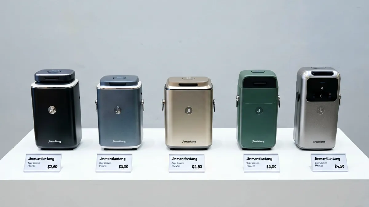 六款jinmantiantang产品整齐排列在展示台上，每款产品旁贴有标注价格和核心卖点的标签，背景为简洁的灰色展台布景